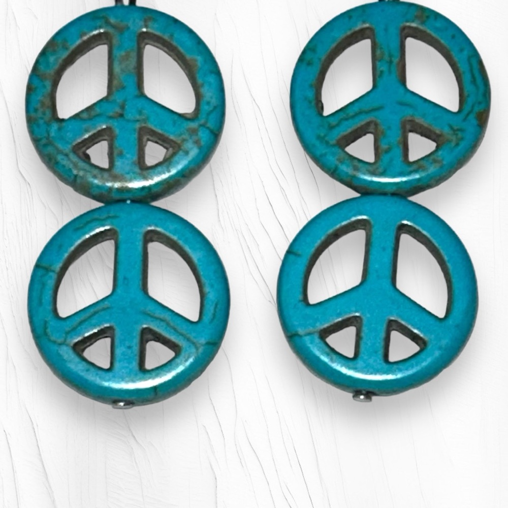 Handmade Earrings 2 Peace Signs Turquoise Hippie Boho Dangle Silver Green - Picture 4 of 6